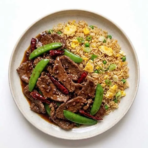 Szechuan Beef & Snap Pea Stir-fry with Egg Fried Rice